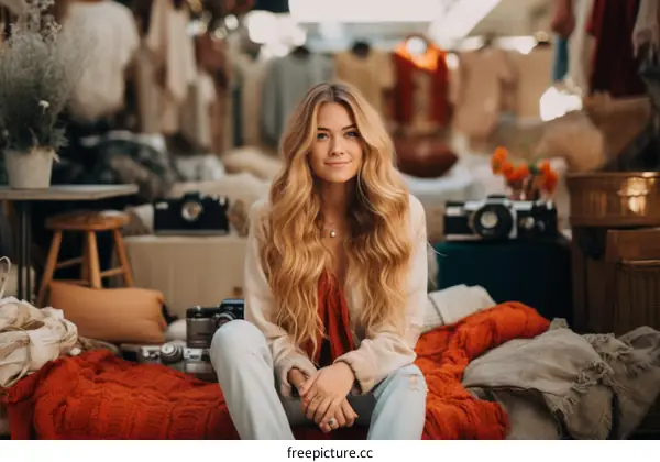 Portrait of a young blonde woman sitting on a red rug in a vintage market