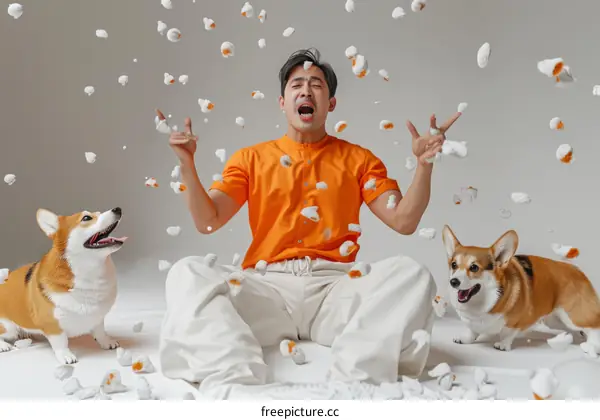A man and two corgis are covered in popcorn.