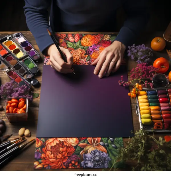 Artist Painting on Floral Pattern Canvas
