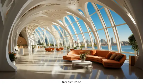 Modern futuristic interior space with large windows