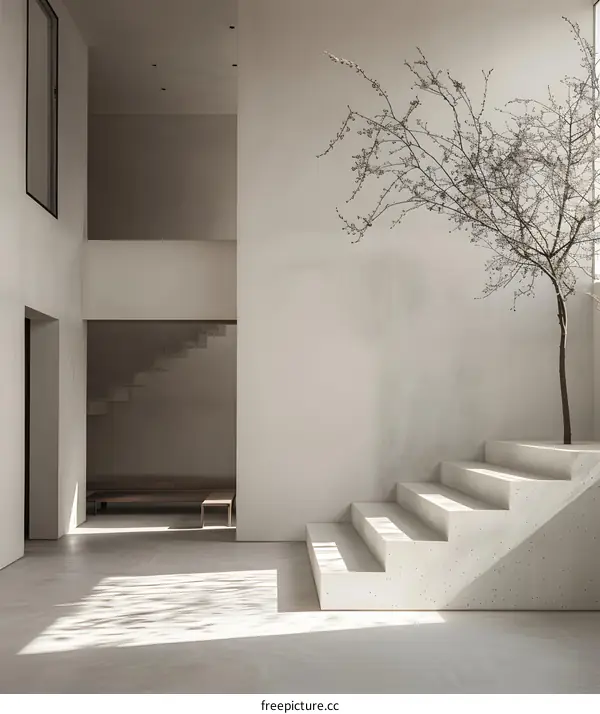 Minimalist Interior Design with Concrete Stairs and a Branch