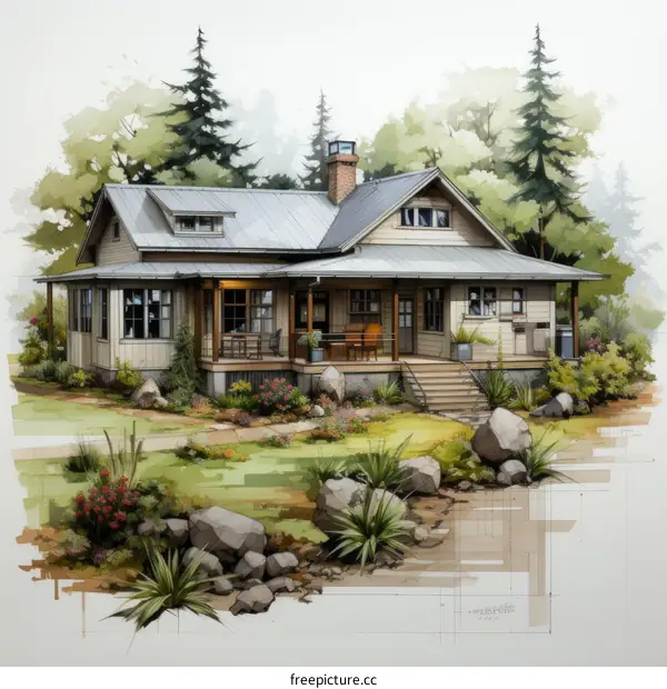 Small Modern Farmhouse with Porch and Large Rocks in Front