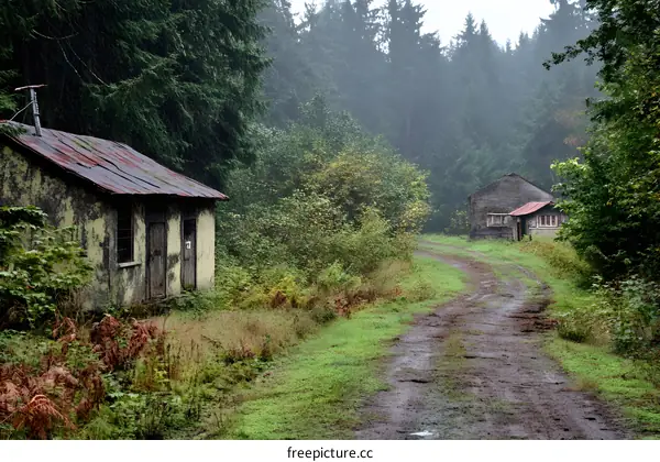 Rainy Forest Path with Two Abandoned Cabins