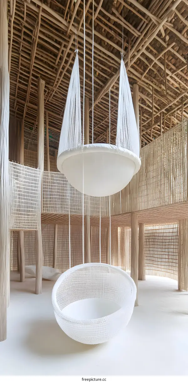 White Hanging Chair in a Bamboo Structure