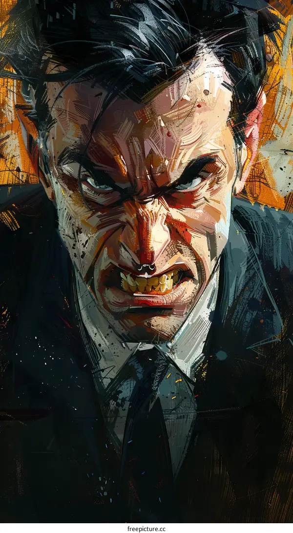 Illustration of a man with a beard and a scowl on his face