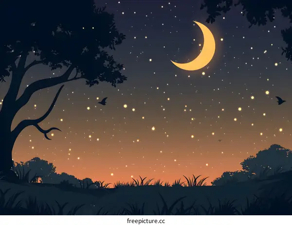 Night Sky with Crescent Moon and Stars Over Silhouetted Trees