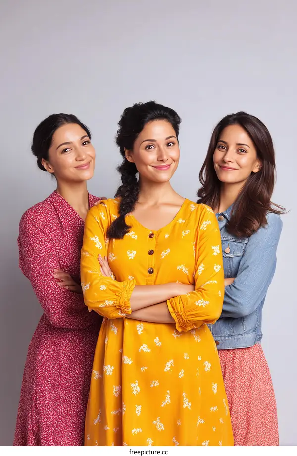 Three Women Posing Together in Fashionable Dresses