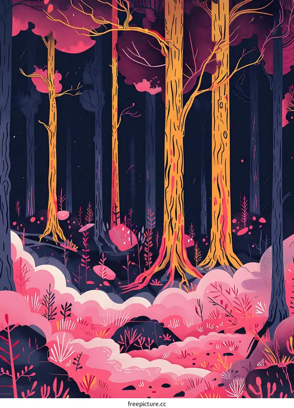 Abstract Forest Illustration with Pink and Yellow Colors