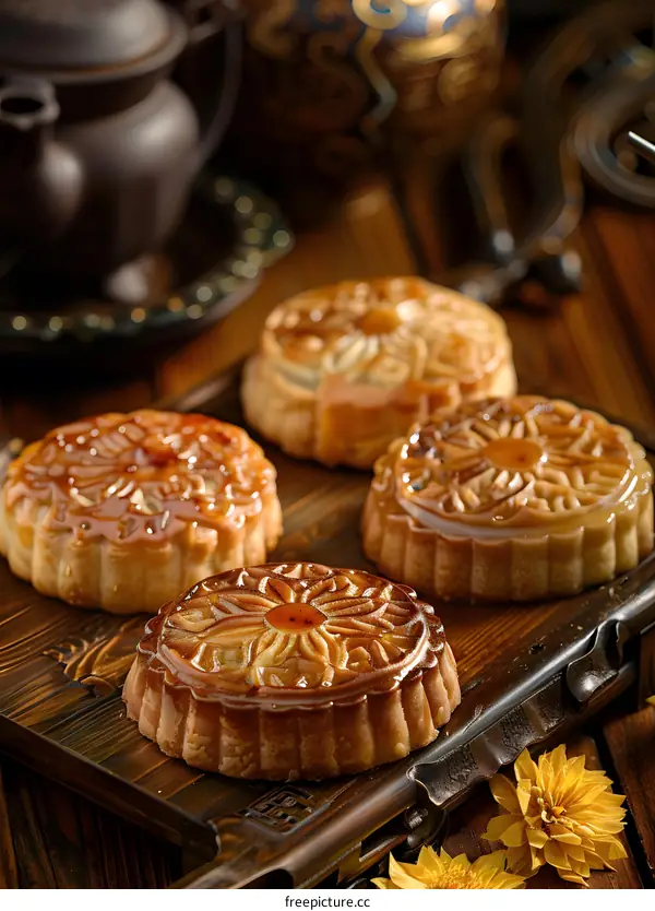 Delicious Mooncakes on Wooden Tray