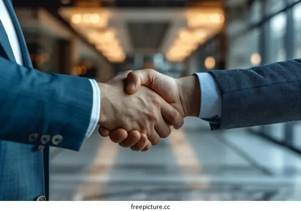 Businessmen in suits shaking hands in agreement