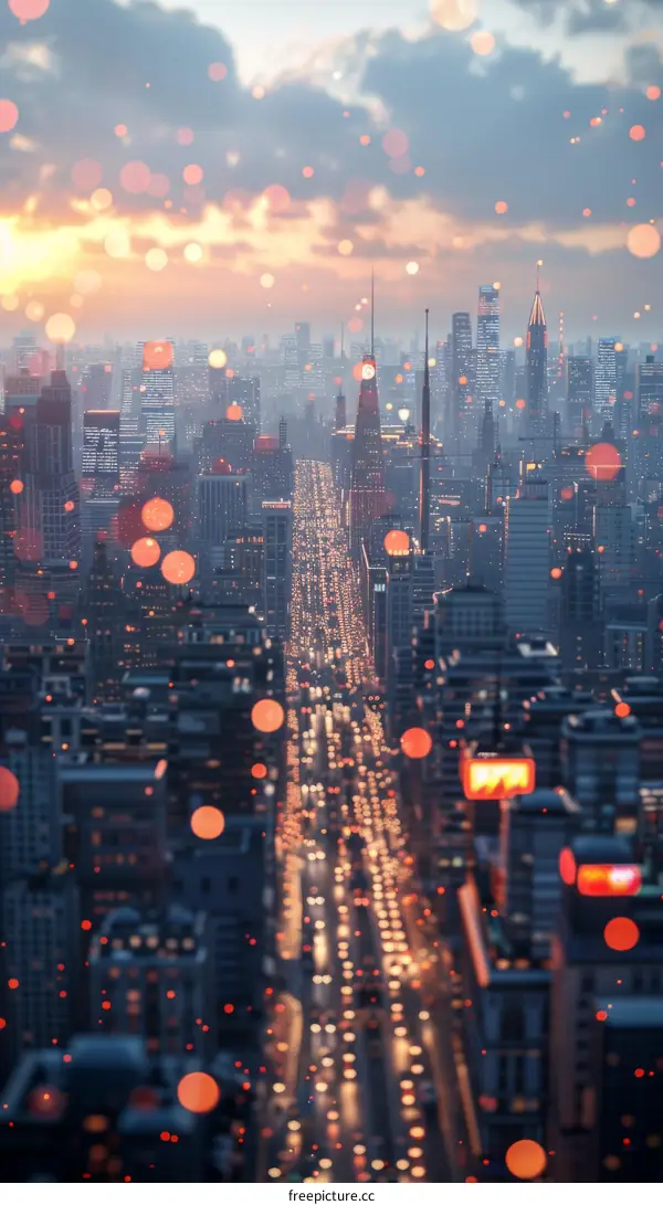 A Bustling Metropolis with Skyscrapers and a Busy Highway at Sunset