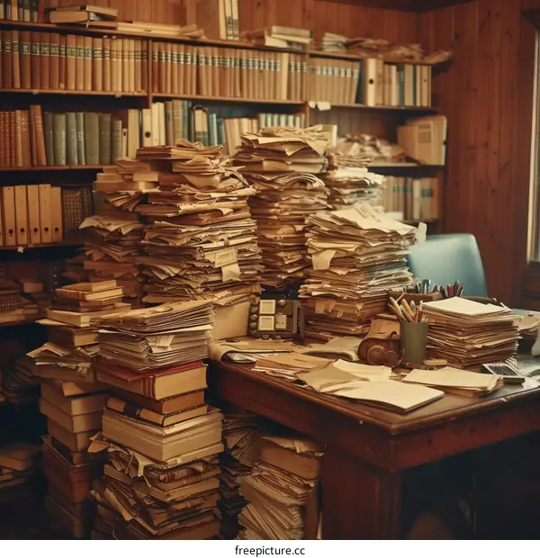 piles of documents on a desk in a library
