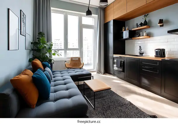 Modern Small Apartment Living Room and Kitchen Interior Design