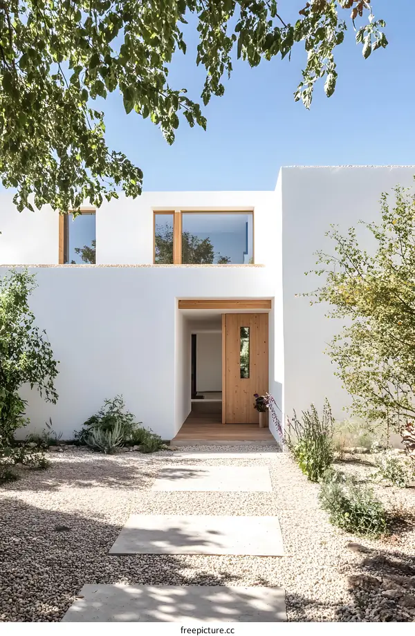 Modern White House Exterior with Wooden Door and Gravel Pathway