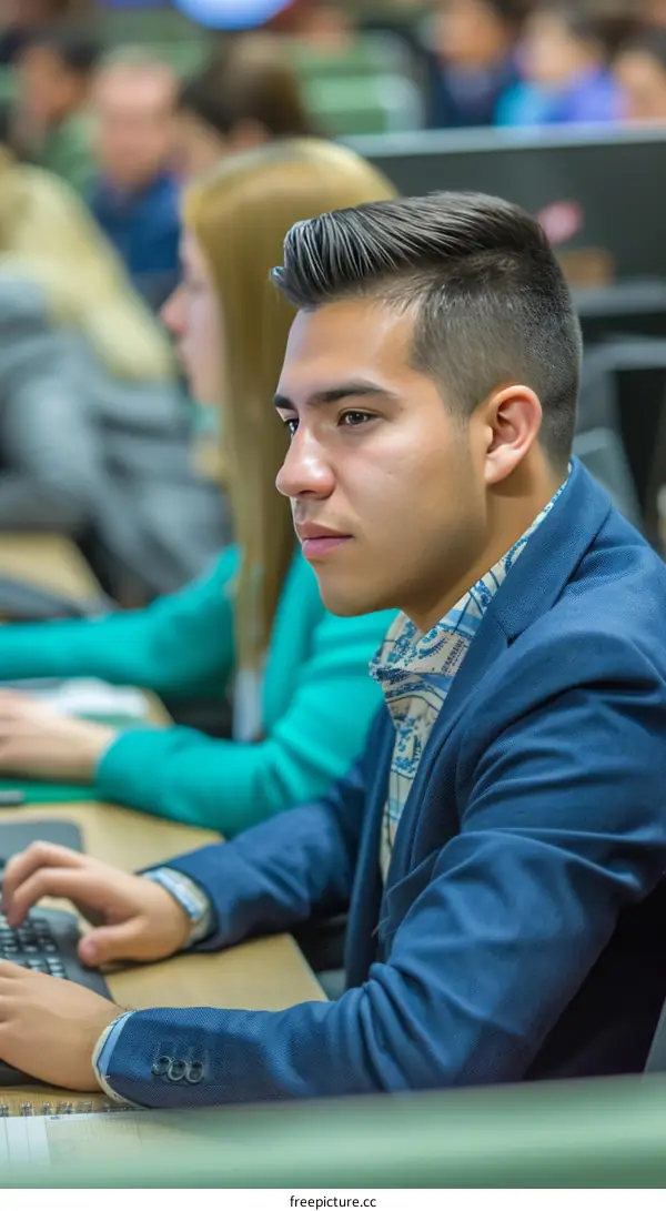 Hispanic young man in blue suit jacket using computer