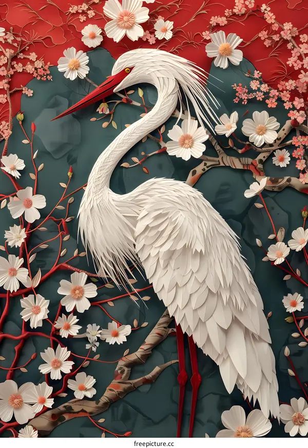 A white heron stands in a field of red and white flowers.