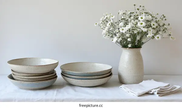 Elegant Ceramic Bowls and Vase with Flowers