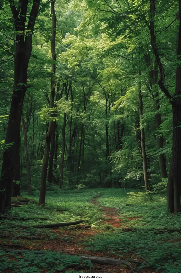 Green trees in a dense forest with a path leading through the middle