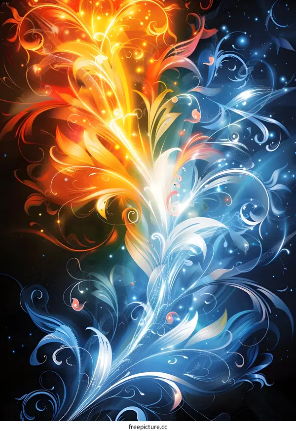 Abstract Artistic Design of Blue and Orange Swirls with Sparkle