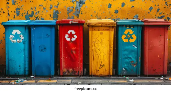 Colorful Recycle Bins Against Yellow Wall