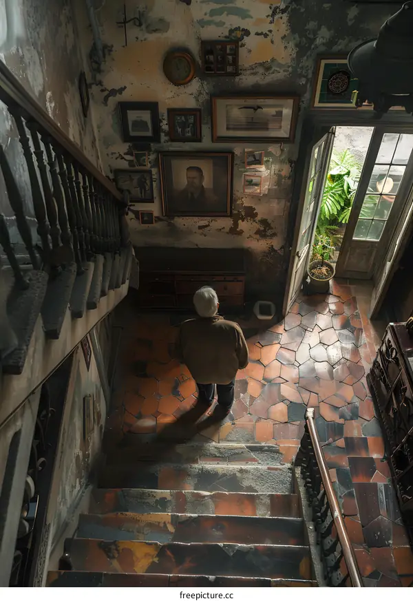 A man standing in a hallway looking at a photo of himself