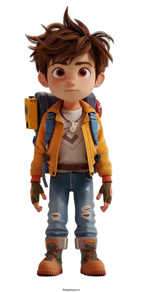 [Transparent Background PNG]Cartoon Boy with Backpack Standing in Front of White Background