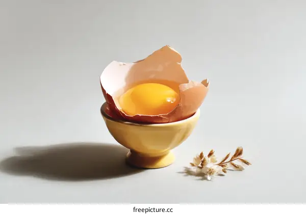 Broken Egg Yolk in a Small Bowl with Dried Flowers