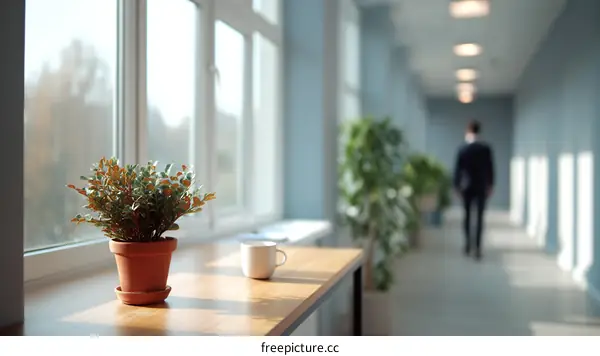 Office Corridor with Plant and Person