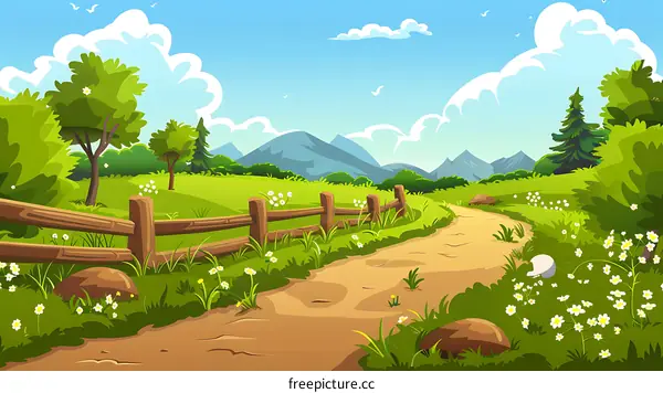 Cartoon Summer Landscape With Wooden Fence and Winding Path
