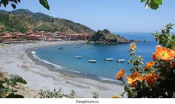 Coastal Town Beach Scene in Sunny Day