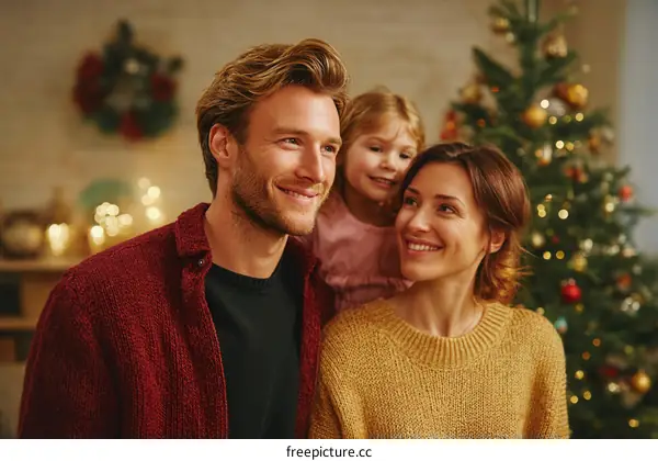 Happy Family Celebrating Christmas with Decorated Tree at Home