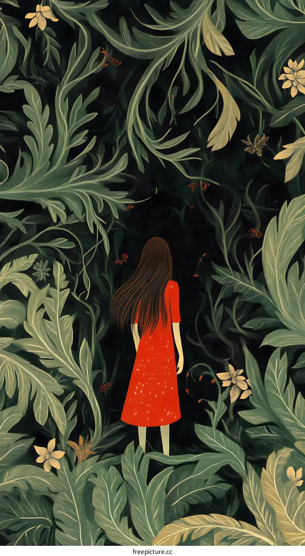 Woman in Red Dress Walking Through Lush Green Foliage