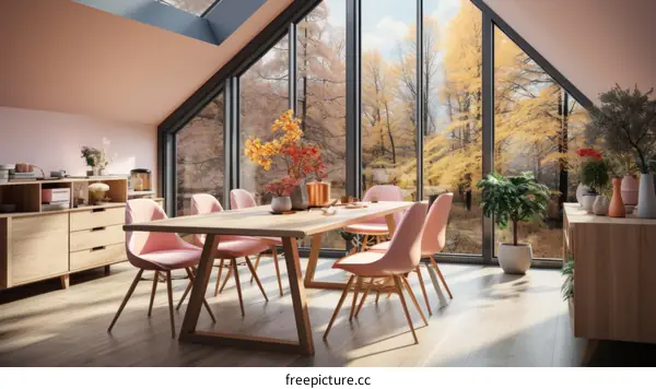Modern dining room with large windows and a view of the forest