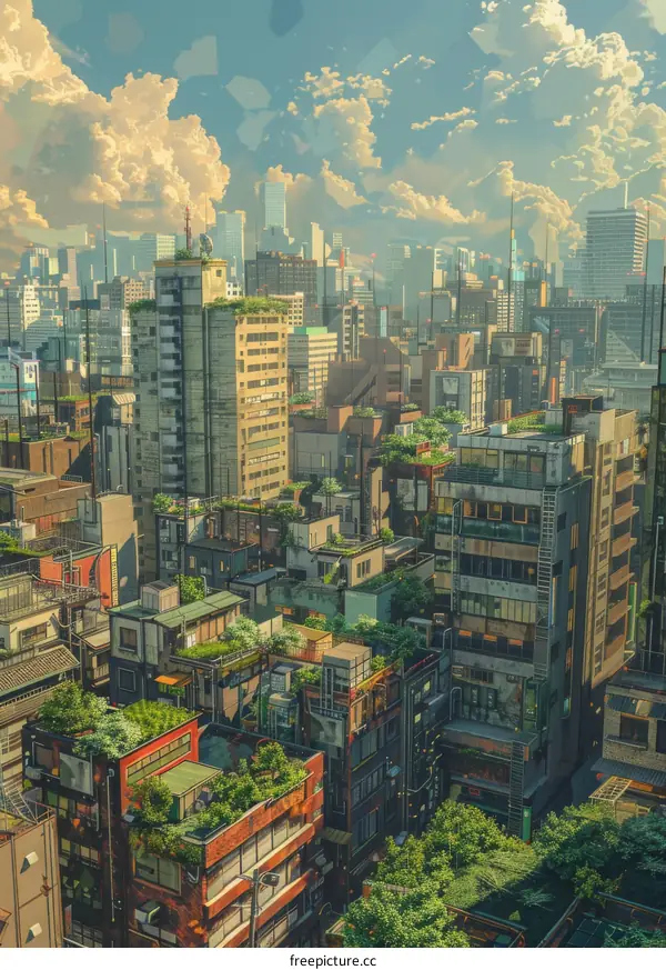 A Colorful Aerial View of a City with Greenery