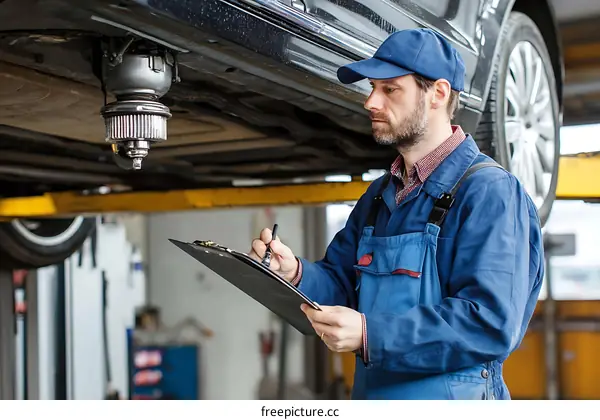 Car Mechanic Inspecting Undercarriage