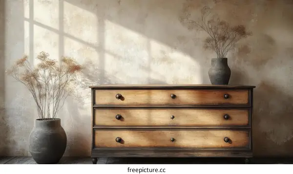 Rustic Wooden Chest of Drawers with Dried Flowers