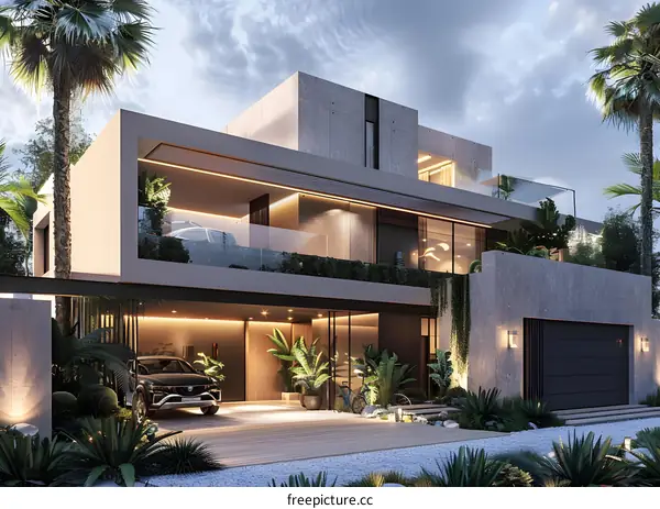 Modern House with Garage and Palm Trees