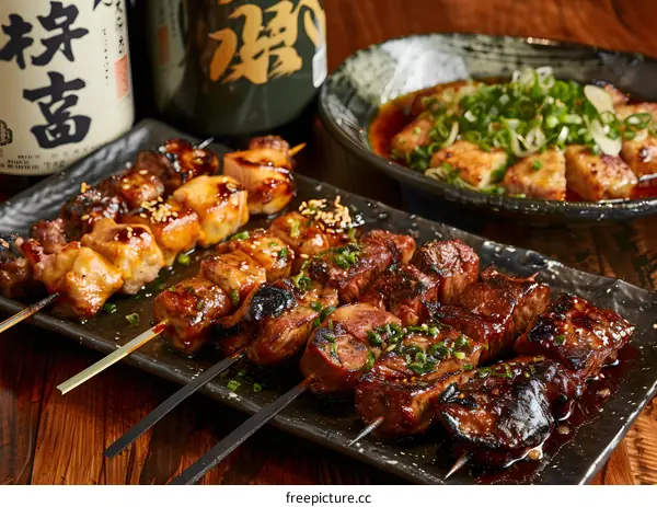 Closeup of Grilled Skewers with Sesame Seeds and Green Onions