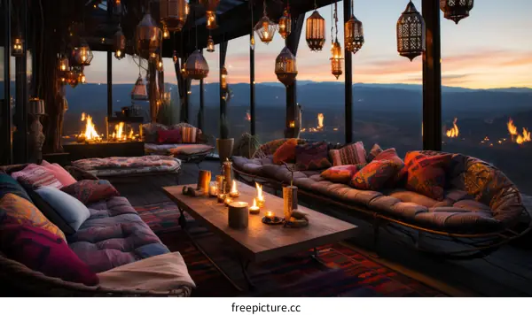 Moroccan Style Living Room with Fireplace and Mountain View