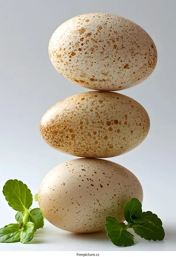 Three eggs are stacked on top of each other with green mint leaves next to them.