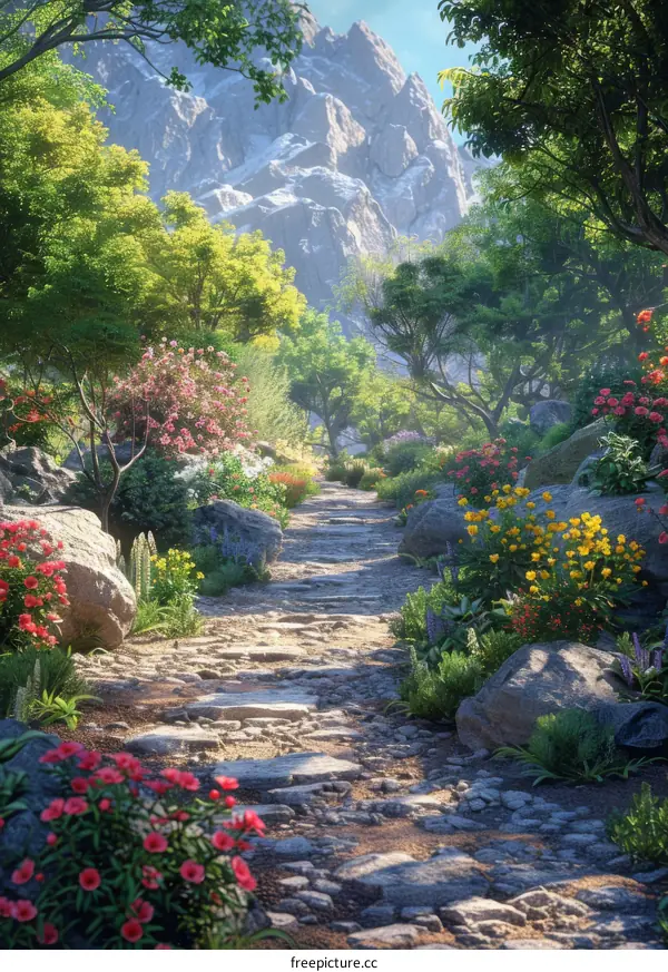 Lush Green Forest Path With Flowers and Rocks