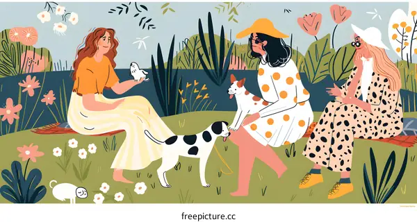 Three Friends Enjoying a Sunny Day in the Park with Their Dogs