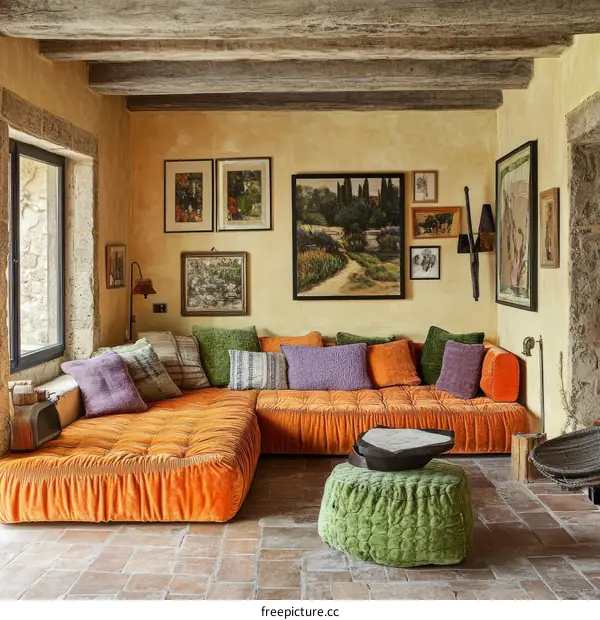 Rustic Living Room with Orange Sofa