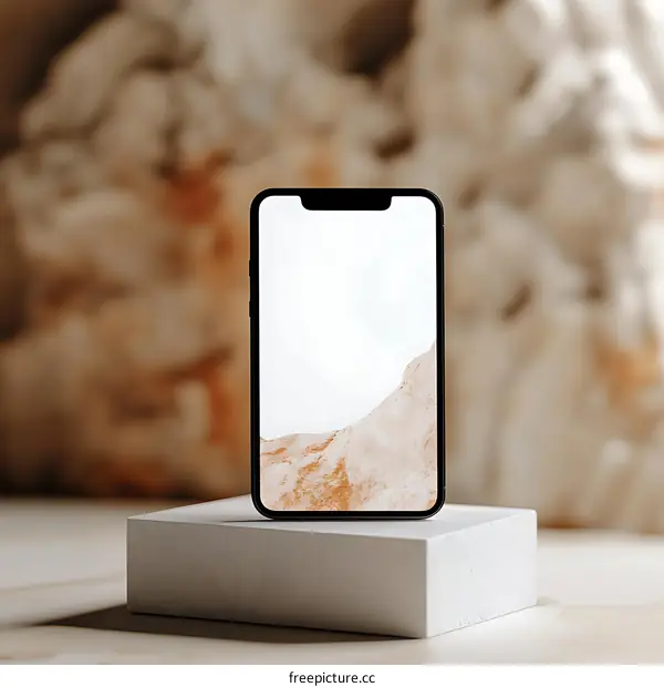 Black Smartphone Displaying Desert Landscape on White Platform