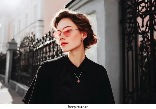 Stylish Woman in Pink Sunglasses on City Street