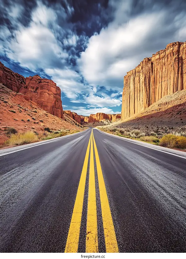 Asphalt Road Leading Through Desert Canyon