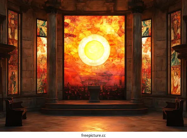 Ancient Church Interior with Stained Glass Windows and Sun Symbol