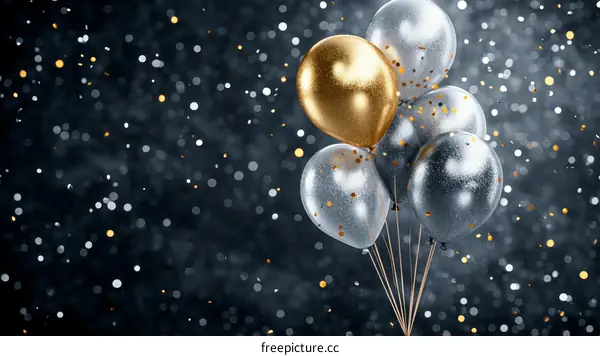Celebration with Metallic Balloons and Confetti