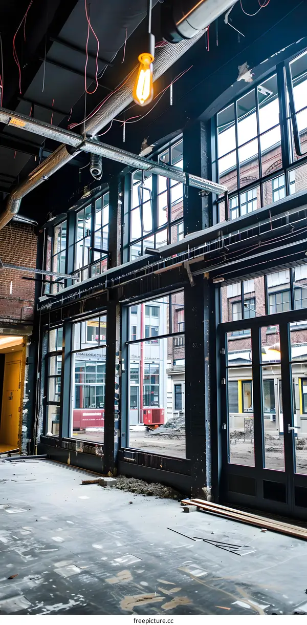 Empty Building Interior Under Construction With Large Windows