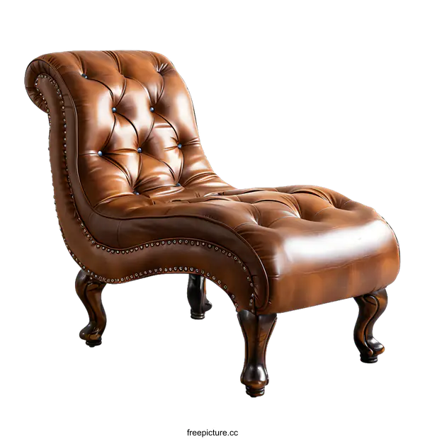 [Transparent Background PNG]Brown Leather Chaise Lounge Chair With Wooden Legs